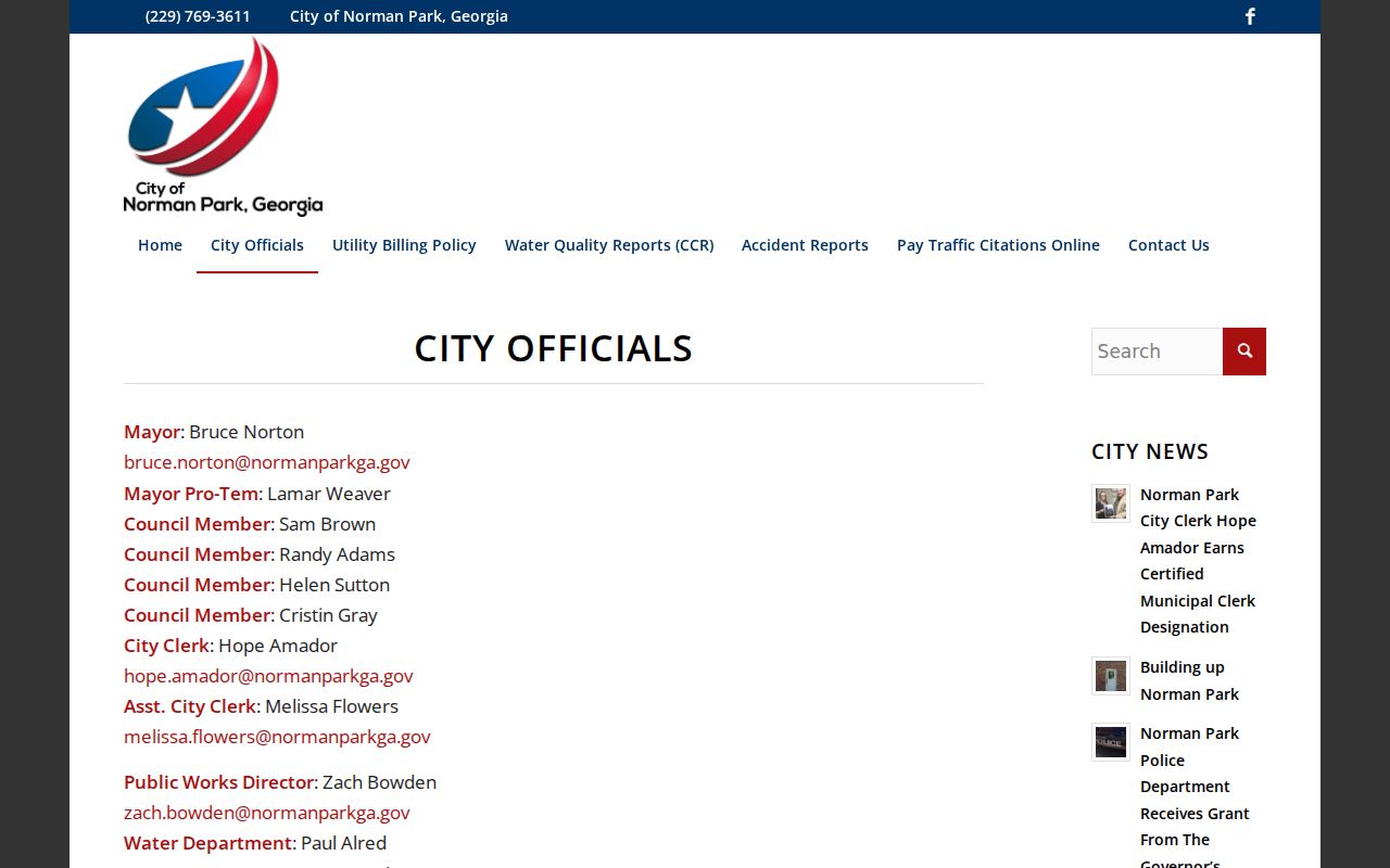 Norman Park warrant records city officials contact page