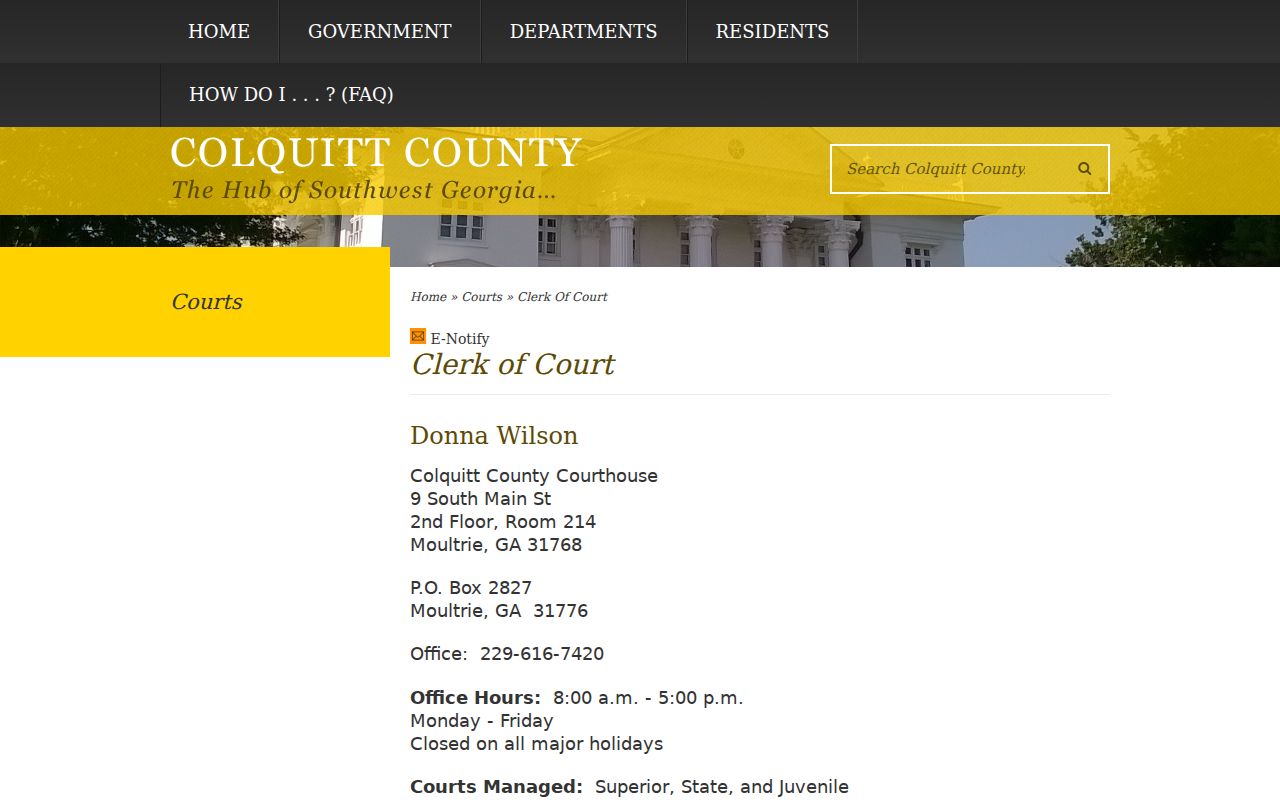 Official Colquitt County Clerk of Court contact page