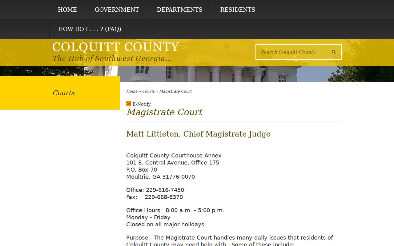 Official Colquitt County Magistrate Court contact and warrant functions